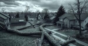 Severe storm damage in St. Louis, showcasing uprooted trees, damaged buildings, and scattered debris in a dramatic landscape.