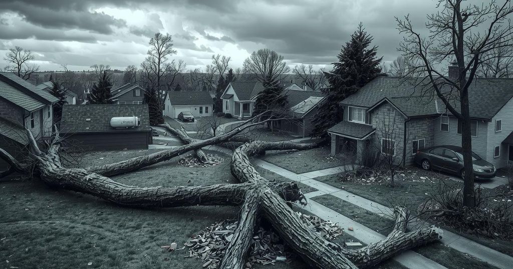 Severe storm damage in St. Louis, showcasing uprooted trees, damaged buildings, and scattered debris in a dramatic landscape.