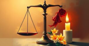 An abstract representation of justice and hope, featuring a scale and a candlelight symbolizing remembrance.