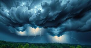 Dark storm clouds gathering over a lush green landscape, with flashes of light illuminating the sky during a thunderstorm.