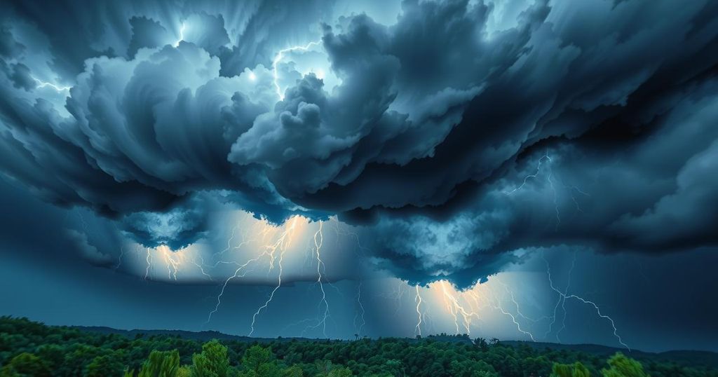Dark storm clouds gathering over a lush green landscape, with flashes of light illuminating the sky during a thunderstorm.