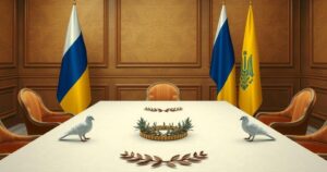 A diplomatic scene with flags of Russia and Ukraine, a negotiation table, and symbolic peace elements, in warm tones.