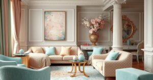 Stylish, elegant setting with luxurious fabrics, showcasing a fashionable atmosphere.
