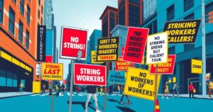 Striking workers' signs showing solidarity and support for a labor referendum, highlighting union unity on colorful banners.