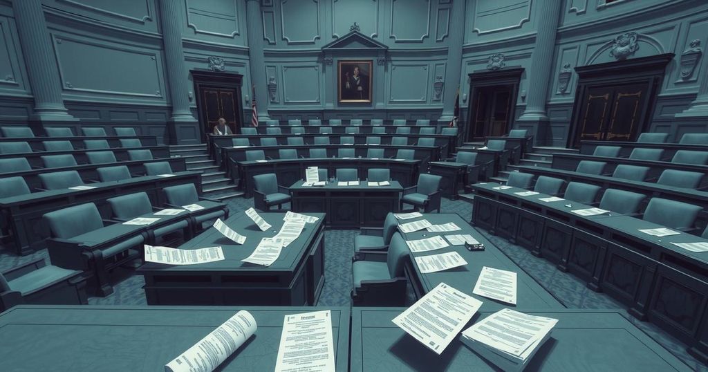 A conceptual image of a legislative debate featuring empty seats and symbolic documents representing labor reform.