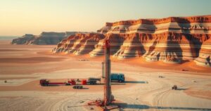 Exploration site in Namibia showcasing drilling equipment and geological formations in a desert landscape