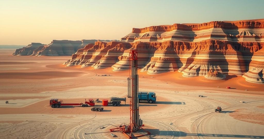 Exploration site in Namibia showcasing drilling equipment and geological formations in a desert landscape