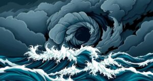 A swirling cyclone over the ocean with dark ominous clouds and turbulent waters in an illustrative style