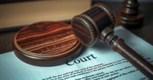 A gavel on a court document, symbolizing justice and legal proceedings, with a dark color scheme and modern artistic style.
