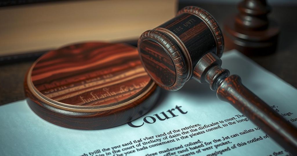 A gavel on a court document, symbolizing justice and legal proceedings, with a dark color scheme and modern artistic style.