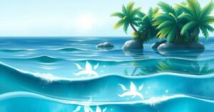 A serene tropical ocean view with cooler waters and gentle waves under a blue sky.