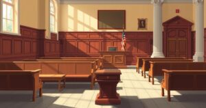 A modern courtroom interior with an empty jury box and wooden benches in soft neutral colors.