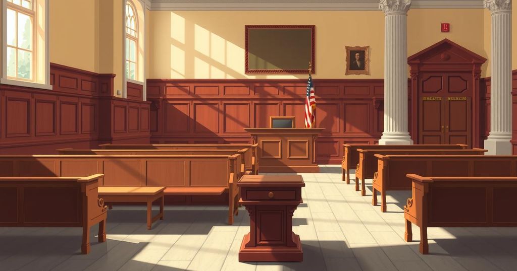 A modern courtroom interior with an empty jury box and wooden benches in soft neutral colors.