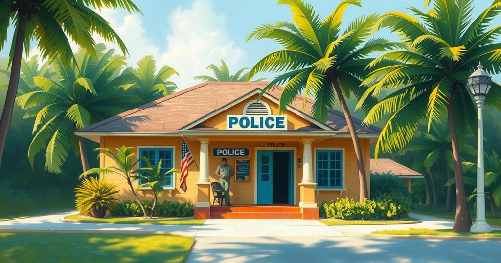 A serene scene of a police station surrounded by tropical foliage in Jamaica, highlighting community safety.