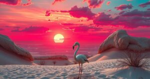A surreal desert landscape featuring a flamingo gazing towards a distant horizon under a colorful sky.