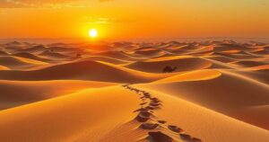 Desert landscape depicting migration paths with hints of hope and change in warm earthy colors.
