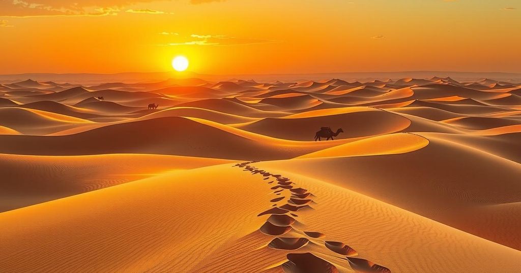Desert landscape depicting migration paths with hints of hope and change in warm earthy colors.