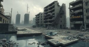 A landscape depicting the aftermath of a humanitarian crisis with damaged infrastructure and polluted water sources.