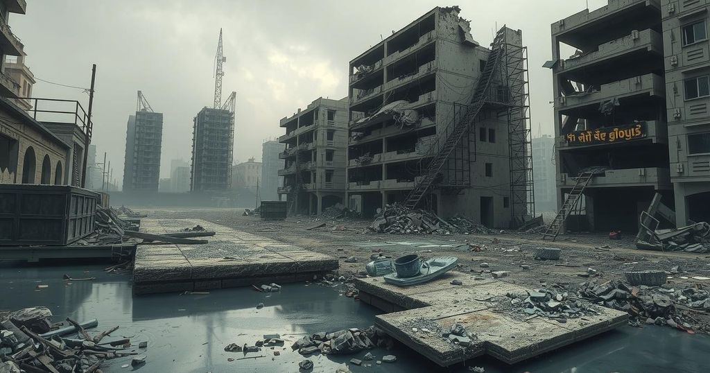A landscape depicting the aftermath of a humanitarian crisis with damaged infrastructure and polluted water sources.