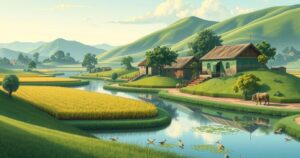 Landscape depicting a serene village scene in Nigeria's Borno state with farmland and peaceful water nearby.