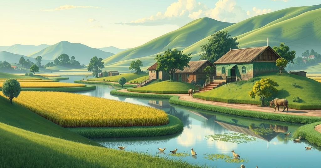 Landscape depicting a serene village scene in Nigeria's Borno state with farmland and peaceful water nearby.