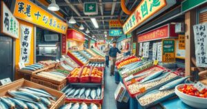 Seoul's Noryangjin Fish Market bustling with seafood vendors and vibrant displays of fresh fish in a colorful setting.