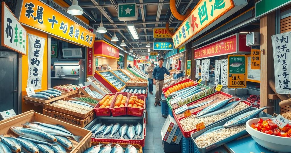 Seoul's Noryangjin Fish Market bustling with seafood vendors and vibrant displays of fresh fish in a colorful setting.