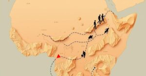 A symbolic representation of immigration challenges in a stylized map of South Sudan with muted earth tones.