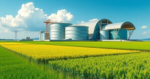 A vibrant rice mill set in a lush agricultural landscape, showcasing modern facilities and green fields.