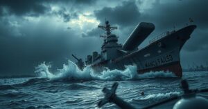 A North Korean warship sinking during a launch ceremony, with dramatic colors, showcasing chaos and disarray.