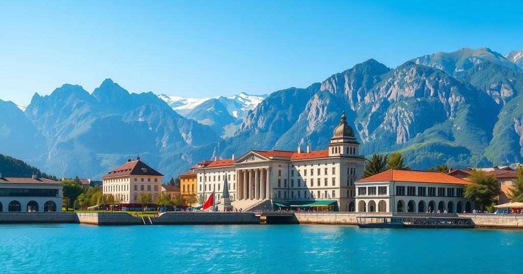Scenic view of Geneva, Switzerland with the UN building, surrounded by mountains and a clear blue sky.