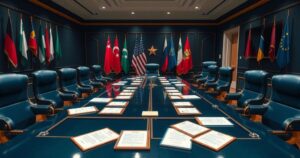 A tense diplomatic meeting space depicting a large table and chairs, with flags and documents, suggesting confrontation.
