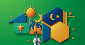 Colorful abstract representation of Malaysia's cultural and regional diversity with geometric shapes.