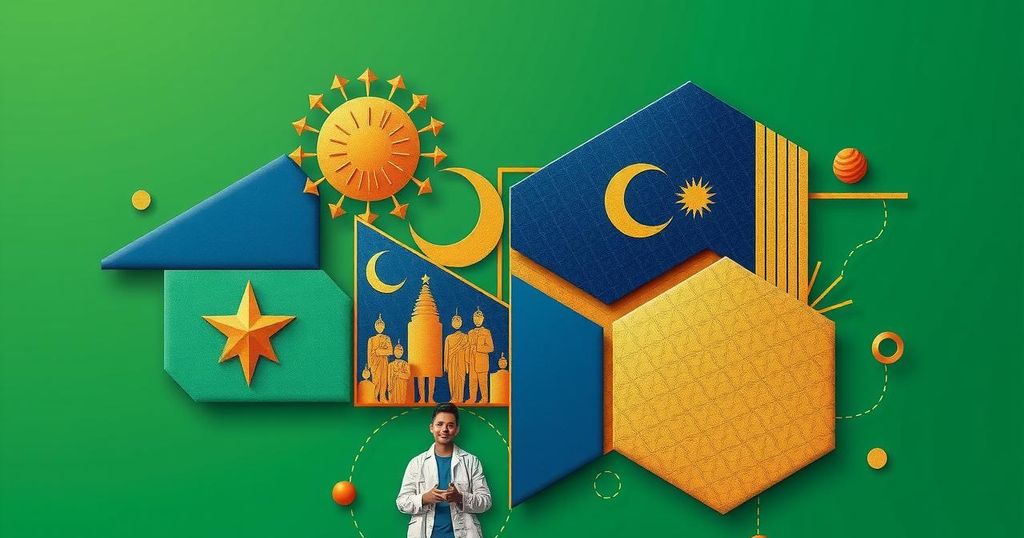 Colorful abstract representation of Malaysia's cultural and regional diversity with geometric shapes.