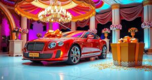 Luxurious wedding scene with elegant decor and a stunning car gift, capturing a joyful celebration and excitement.