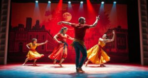 Theatrical performance in Lebanon highlighting migrant stories through dance and storytelling in vivid colors.