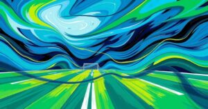 Abstract soccer field with windy conditions, combining blues and greens for a vibrant atmosphere.
