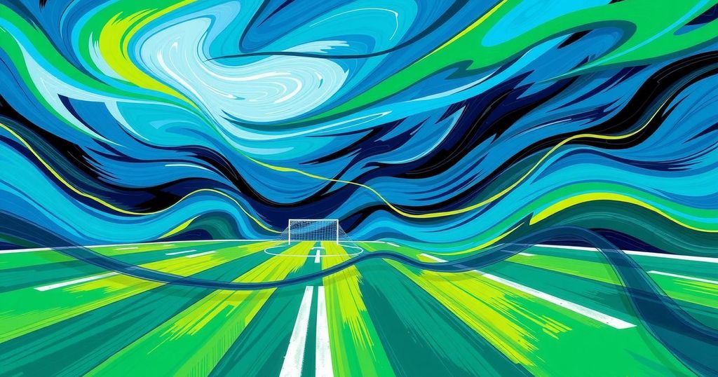 Abstract soccer field with windy conditions, combining blues and greens for a vibrant atmosphere.