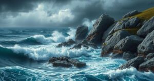 Dramatic ocean waves crashing against rocky coastline under a dark stormy sky, reflecting intense winds and turbulent weather.