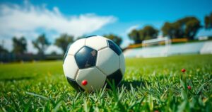 Soccer ball on a field with vibrant green grass under a clear blue sky.