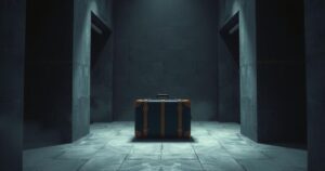 A solitary suitcase abandoned in a dimly lit jail cell, evoking tension and confinement.