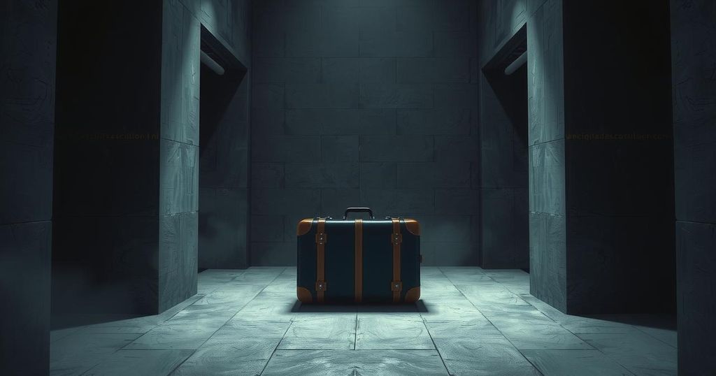 A solitary suitcase abandoned in a dimly lit jail cell, evoking tension and confinement.
