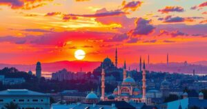 Istanbul skyline representing potential peace talks between Russia and Ukraine, with a sunset on the horizon.