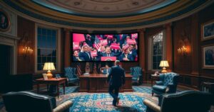 A dramatic scene inside a dimly lit Oval Office with a large screen showing political footage.