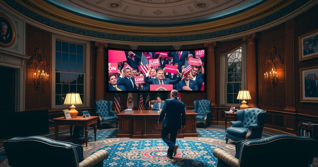 A dramatic scene inside a dimly lit Oval Office with a large screen showing political footage.