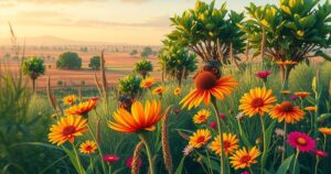 A colorful representation of Kenyan landscape with vibrant flora and a serene atmosphere, symbolizing cultural connection.