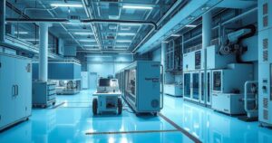 A high-tech semiconductor fabrication facility with advanced machinery and a cleanroom environment.