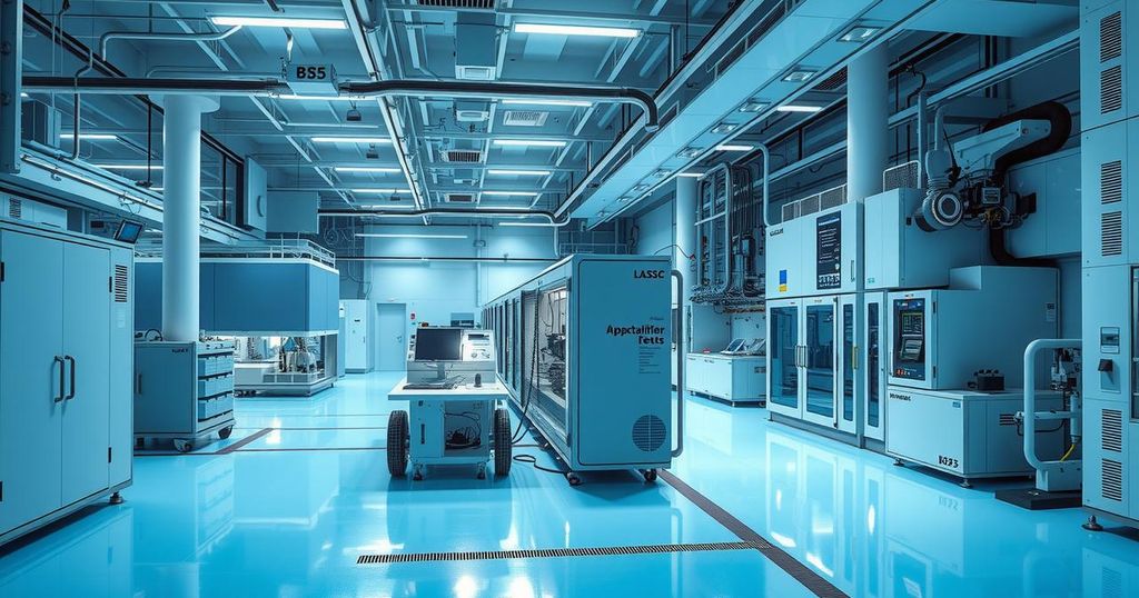 A high-tech semiconductor fabrication facility with advanced machinery and a cleanroom environment.