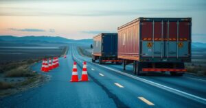 A peaceful road scene with parked trailers, reflective traffic cones, and a tranquil sky, symbolizing safety awareness.