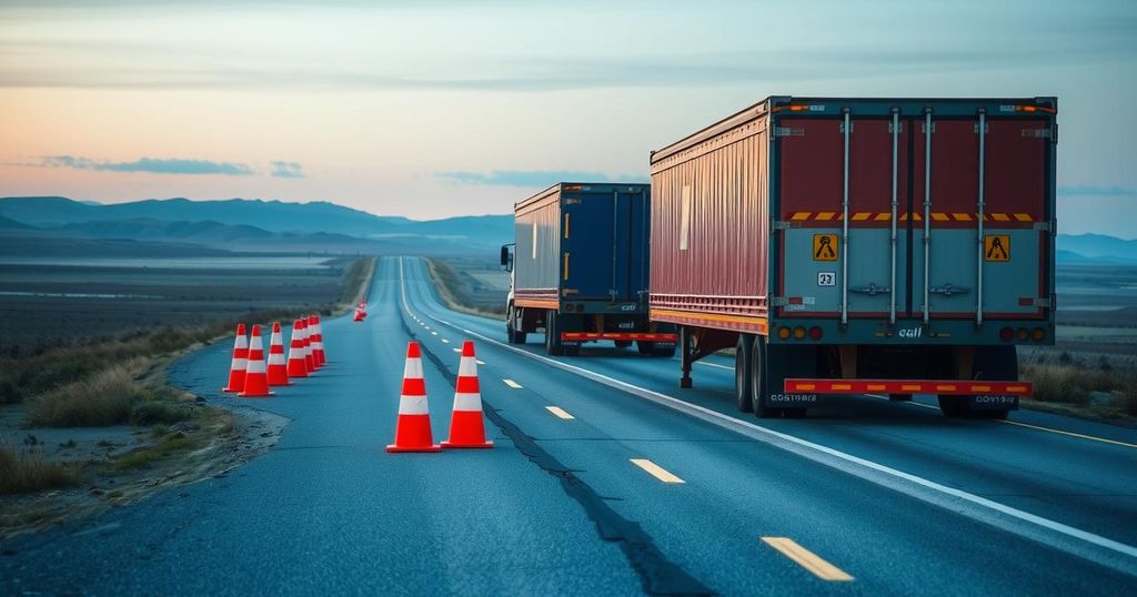 A peaceful road scene with parked trailers, reflective traffic cones, and a tranquil sky, symbolizing safety awareness.